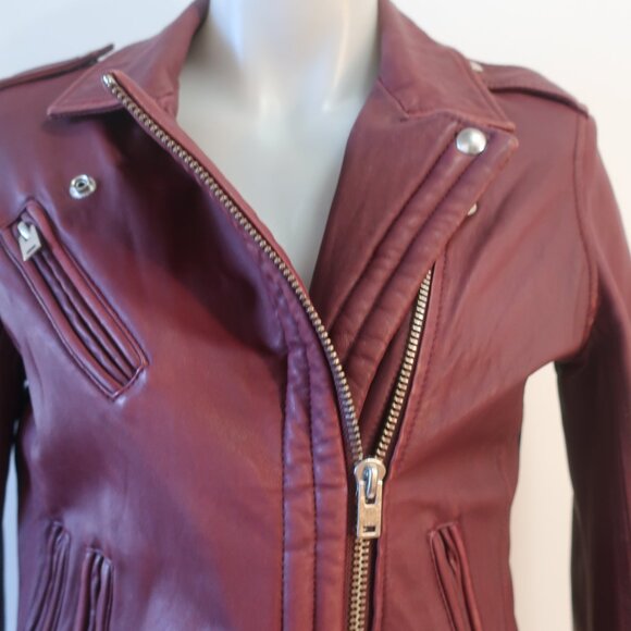 Womens Iro Han Wine Lamb Leather Full Zip Moto Jacket 40 US/L - Picture 3 of 16